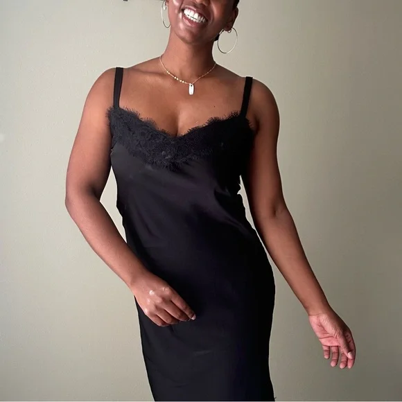 Rebecca Minkoff Black Lace Trim Midi Slip Dress Size Medium - Picture 3 of 14